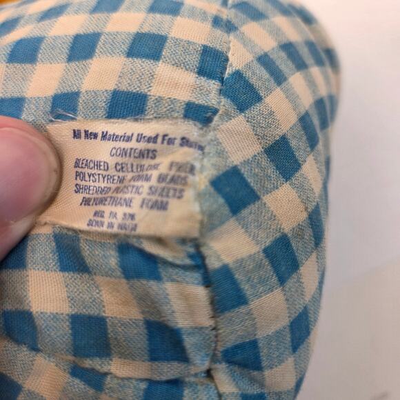 Vintage 1980s Plush Chick Yellow Stuffed Animal in Blue Gingham Romper Haiti - Picture 9 of 13